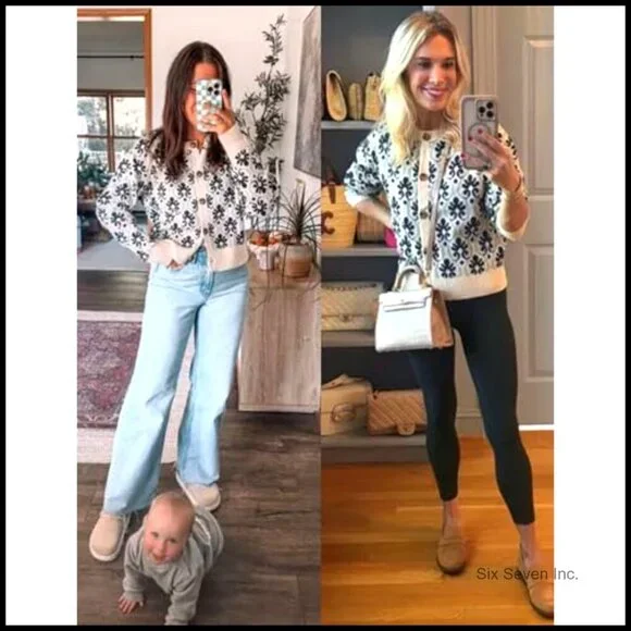 Vintage Floral Cardigan Open Front Chunky Knit Sweater Y2K Retro Chic Outerwear - Picture 3 of 7